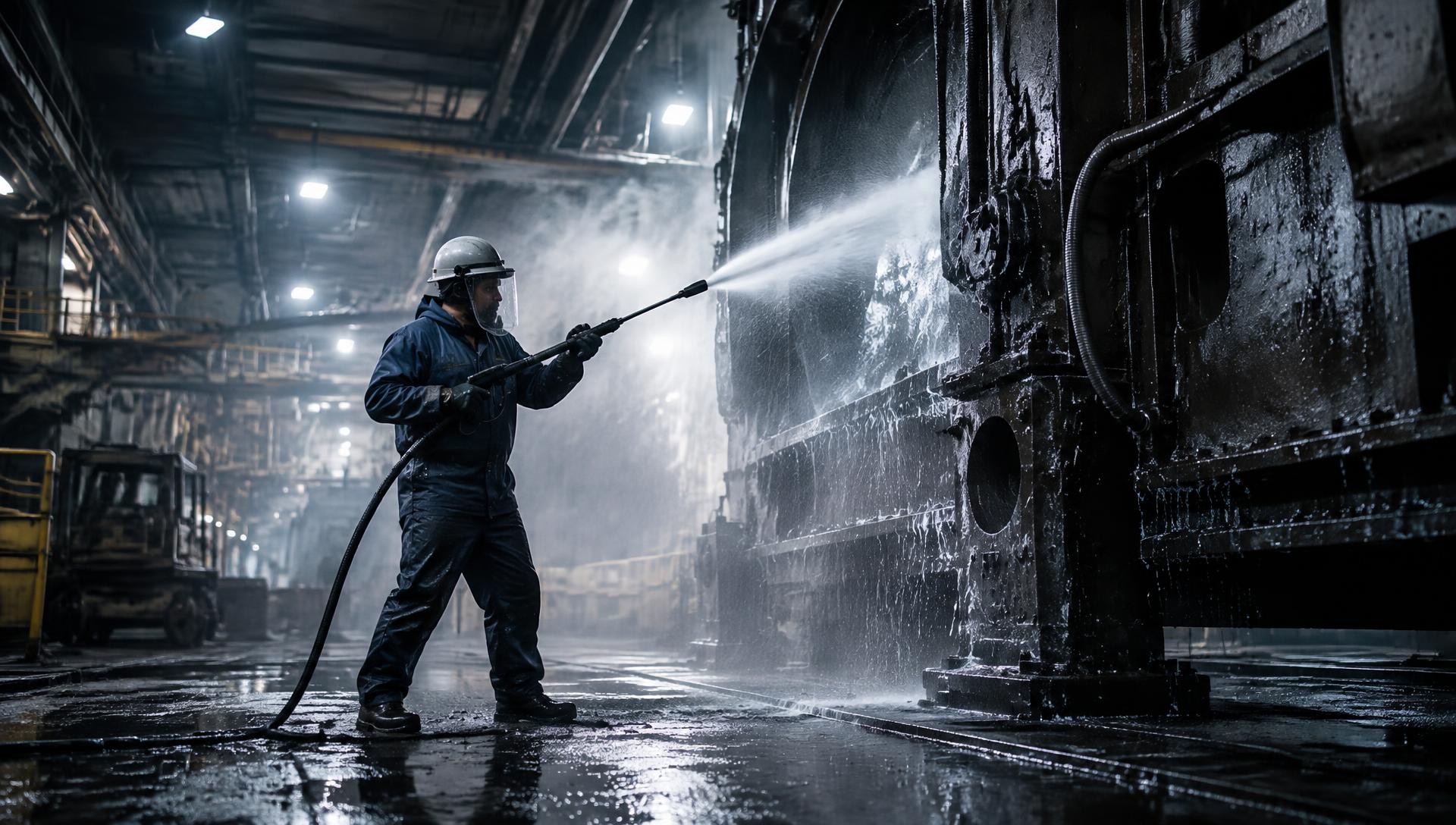 Crew member pressure washing heavy production machinery